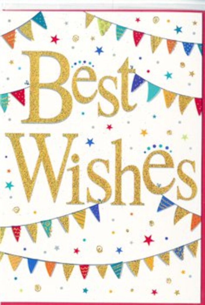 A vibrant Best Wishes congratulations card is displayed, with a design that echoes the friendly, upbeat spirit of Rayners Lane. Across the centre of the card, the words Best Wishes appear in large, sweeping script rendered in rich gold, the lettering embossed so that each stroke is slightly raised and catches the light. The metallic finish has a refined shimmer, similar to the glint of sunlight on polished brass, giving the message a luxurious yet approachable feel. Surrounding this central phrase, strings of colourful bunting curve gracefully across the top and bottom, as if framing the words within a joyful archway. Each miniature triangular pennant is painted in bright, saturated colours-crimson red, sapphire blue, vibrant green, and golden yellow-with charming patterns that vary from one flag to the next: slim stripes, playful polka dots, and tiny, mosaic-like motifs. The variety of designs and tones creates a sense of fun and individuality, much like the mix of small independent businesses and cafés around Rayners Lane. Between and around the bunting, a scattering of small star shapes and round dots drifts across the white background, suggesting confetti and giving the impression that the card is caught in a moment of ongoing celebration. The design is airy and well-balanced, with plenty of white space that keeps it from feeling crowded, so the gold message remains clear and legible. This card feels ideal to accompany a bouquet delivered for a new job, graduation, or big life change in Rayners Lane, carrying with it a sense of heartfelt encouragement, pride, and shared joy that lingers long after the occasion.