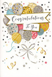In this image, a graceful congratulations card stands ready to accompany a bouquet, its artwork echoing the happy buzz of celebrations around Rayners Lane. The main motif is a generous bouquet of illustrated balloons, gathered near the lower centre and rising upward in a layered cluster. The balloons glow in a mix of tones-soft gold, cool silver, champagne, sky blue, blush pink, and calm grey-creating a palette that feels both festive and refined. Some balloons are scattered with tiny star designs, others show gentle stripes or a dusting of shimmering specks, giving the whole arrangement a subtle sparkle, as though catching afternoon light through a window. Their ribbons flow downward in intertwined arcs drawn in gold and silver, looping loosely before tapering out of view, suggesting movement and an easy, celebratory energy. Around the balloons, the pale background is decorated with floating stars, dots of confetti, and delicate swirls that resemble curling party ribbons. These smaller details fill the space without overwhelming it, like the hum of conversation and laughter around a central moment of congratulations. Across the middle of the card, a banner gently unfurls, carrying the message Congratulations To You in flowing cursive script that looks warm and personal, as if penned with care. The layout is balanced and serene, leaving room for each decorative element to breathe. It feels like the sort of card chosen thoughtfully from a local florist in Rayners Lane to mark achievements large and small-exam successes, promotions, new homes, or any occasion where you want your pride and joy to be clearly felt.