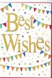 In this image, a cheerful Best Wishes congratulations card is shown, full of colour and movement like a small party scene set against a white sky over Rayners Lane. At the heart of the design, the greeting itself is written in flowing, cursive gold script, the letters slightly raised with an embossed finish that allows light to glide along every curve. The gold shimmers delicately, reminiscent of confetti catching the sun, giving the words a warm and inviting glow. Framing this central message, two sweeping rows of bunting stretch across the top and bottom, echoing the way festive flags might be strung between buildings during a neighbourhood celebration. Each tiny triangular flag is brightly coloured-strong blues, reds, greens, yellows, and complementary shades-and decorated with simple but lively patterns: crisp stripes, scattered dots, and subtle geometric designs. Between the bunting strings, small stars and round confetti-like dots in similar colours are scattered, creating a sense of playful motion as if they are gently drifting through the air. The white background keeps the look fresh and contemporary, ensuring that the golden lettering and rainbow bunting stand out clearly without feeling overwhelming. The overall mood is one of upbeat encouragement and genuine happiness, making this card perfect for tucking into a flower delivery celebrating exam results, a new home, or a promotion anywhere around Rayners Lane. It conveys the feeling of cheering someone on warmly, offering not just formal congratulations but a heartfelt wish for good fortune and bright days ahead.